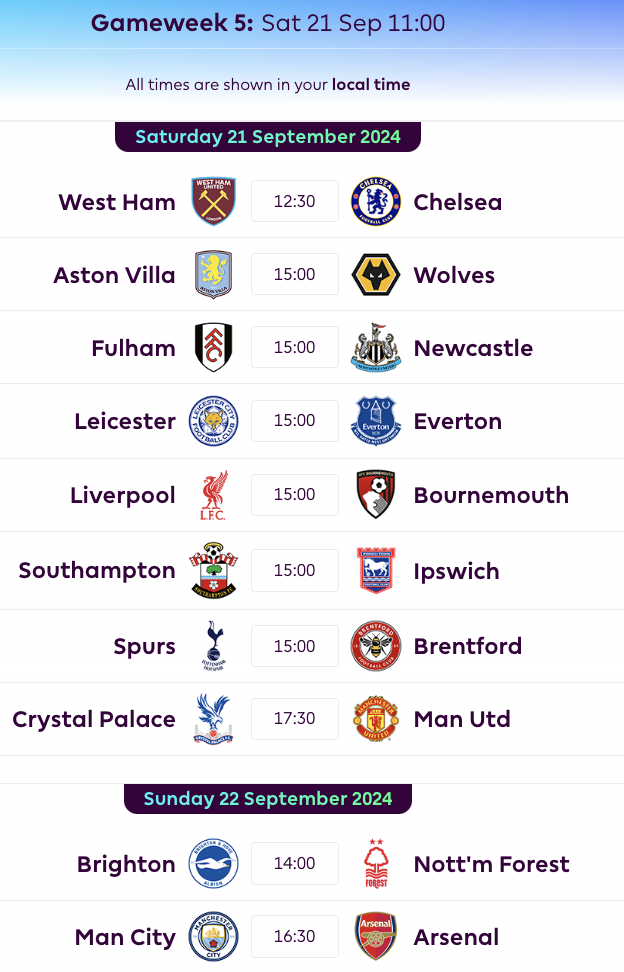 FPL GW5 Fixtures